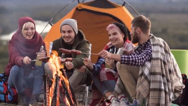 Dekat-up tersenyum bahagia perusahaan dari empat teman muda memiliki piknik oleh pegunungan, mereka mengobrol, tertawa, minum bir dan sosis panggang di api unggun. Menjadi bahagia, muda dan bebas, pariwisata — Stok Video