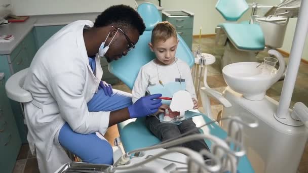 Dentista africano masculino usando modelo de dientes de plástico para enseñar a un pequeño paciente masculino cómo usar el cepillo de dientes . — Vídeo de stock