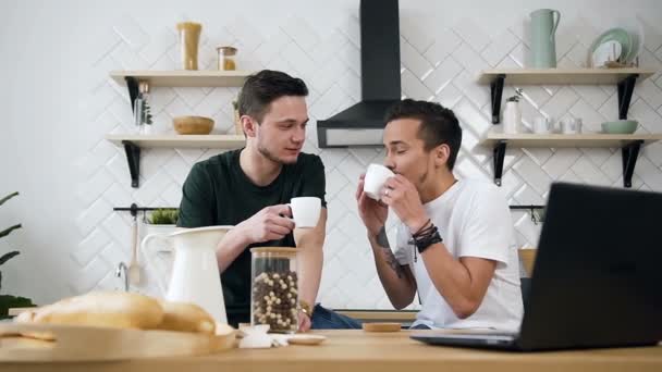 Веселая гей пара весело разговаривает на кухне по утрам во время завтрака. Соседи по комнате пьют кофе вместе утром на кухне — стоковое видео