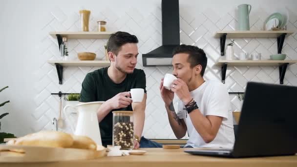 Preciosa pareja gay divertida hablando en la cocina por la mañana durante el desayuno. Compañeros de cuarto tomando café juntos por la mañana en la cocina — Vídeos de Stock