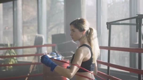 Passar kvinnliga boxare utbildning i boxningsklubb. — Stockvideo