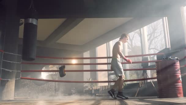 Boxeador masculino bailando en el ring del boxeador . — Vídeos de Stock