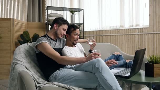 Homoseksueel paar, homoseksuelen, hetzelfde geslacht een huwelijk tussen blanke mannen. Een lachende homo paar laptop gebruikt tijdens het ontspannen en het drinken van wijn zittend op de Bank thuis — Stockvideo