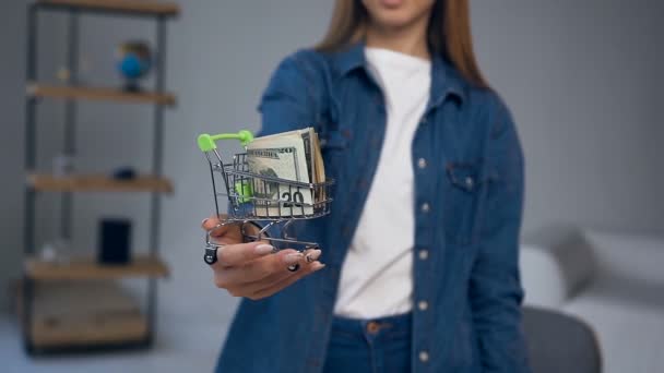 Joven mujer manos tomando dinero de la cesta de la compra . — Vídeos de Stock