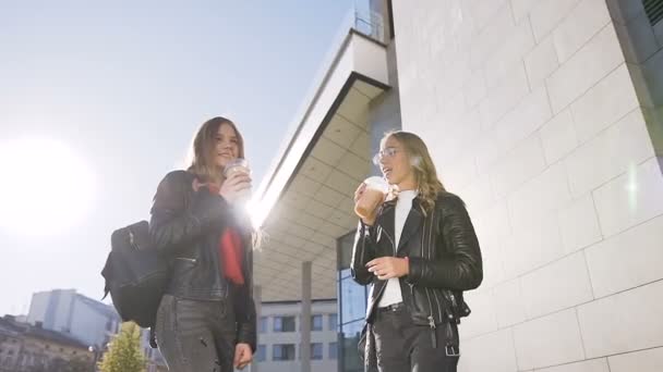 Due giovani ragazze che bevono succo fresco freddo mentre camminano all'aperto nella soleggiata giornata calda. Migliori amiche, stile di vita — Video Stock