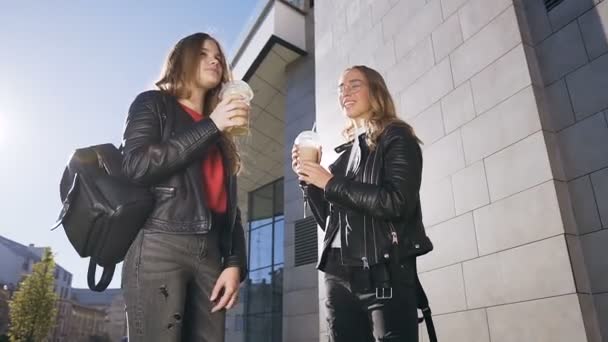 Две счастливые подруги гуляют в теплый солнечный день и пьют освежающий коктейль со льдом на заднем плане здания в городе. На открытом воздухе, образ жизни — стоковое видео