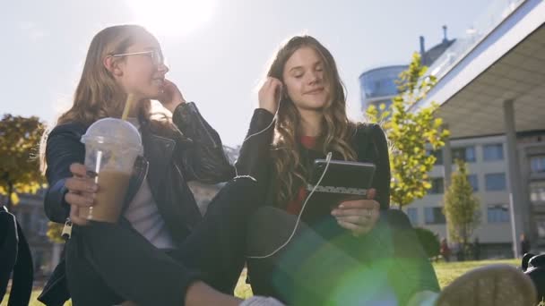 Sociable Kaukasische vriendinnen met behulp van de Tablet computer lachen op leuke Foto's op de Tablet buiten zitten in het park bij zonnig weer — Stockvideo