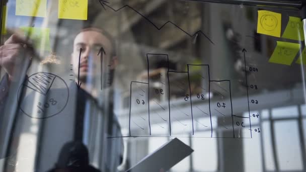 Νέοι ελκυστική hipster άνθρωπος έλεγχο διαγράμματα στον πίνακα γυαλί. — Αρχείο Βίντεο
