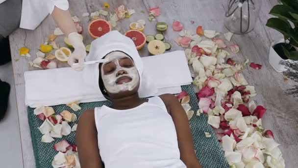Draufsicht der kosmetischen Hände, die gesunde Tonmaske auf das junge afrikanische weibliche Gesicht auftragen. Frau liegt entspannt auf Schönheitssalon. Kosmetologie, Gesichts- und Körperpflege — Stockvideo