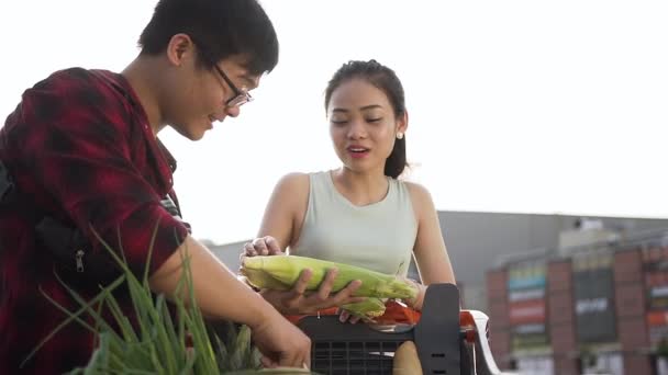 Fröhlich fröhliches asiatisches Paar überprüft im Detail alle Lebensmittel in ihrem Einkaufswagen nach Produkten in der Nähe des großen Supermarktes — Stockvideo