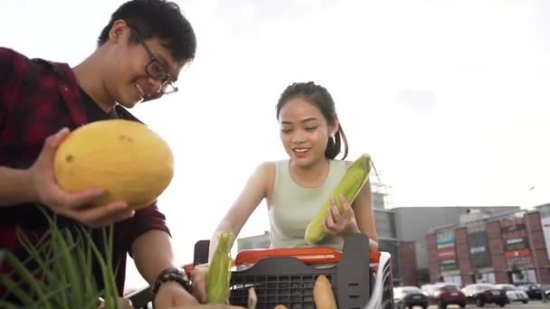 Χαριτωμένο χαρούμενο ασιατικό ζευγάρι βάζει σε πακέτα αγόρασε φαγητό από το τρόλεϊ αγορών — Αρχείο Βίντεο
