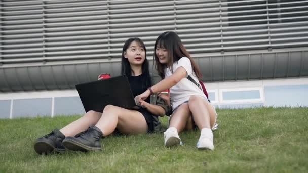 Elated sorridente 25s asiatico amiche con carta tazze con caffè riposo su il erba vicino urbano edificio e utilizzando cumputer — Video Stock