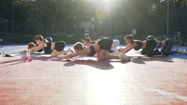 Семь красивых атлетичных девушек в спортивной одежде лежат на ковриках и делают расслабляющие упражнения на спортивной площадке парка — стоковое видео