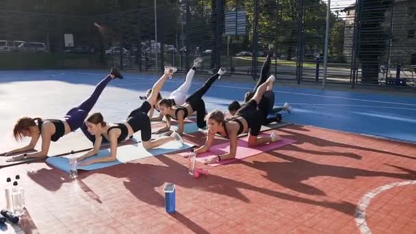 Aantrekkelijke foto van vrij sportieve slanke meisjes op matten die fitnessoefeningen doen in het buitenstadion in het park — Stockvideo