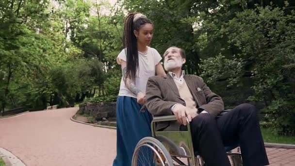 心满意足的无忧无虑的孙女，留着可怕的头发，头戴大胡子的老爷爷，坐在轮椅上，在美丽的公园里散步，彼此交谈 — 图库视频影像