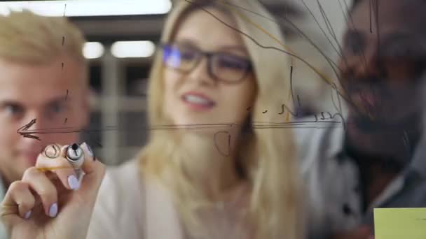 Gros plan d'une jolie jeune femme souriante confiante dans des lunettes qui dessine des graphiques sur une paroi de verre pour montrer à ses collègues masculins multiraciaux le modèle d'une nouvelle stratégie — Video