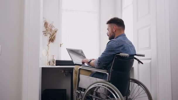 Vista desde la espalda atractivo chico barbudo inteligente seguro de sí mismo que se sienta en silla de ruedas y trabajando remotamente en la computadora desde su habitación de oficina en casa — Vídeos de Stock