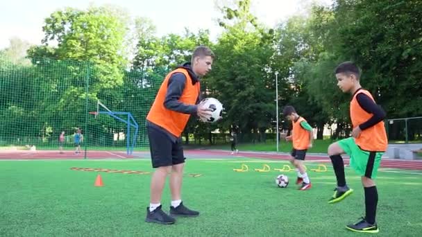 Koncepcja piłki nożnej, gdzie doświadczony młody trener rzuca piłkę do swojego ucznia, aby poćwiczyć kopnięcie podczas dnia treningu na boisku sportowym na świeżym powietrzu — Wideo stockowe