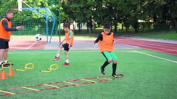 Portret wytrwałych aktywnych nastolatków w mundurach piłkarskich wykonujących ćwiczenia joggingowe na drabinie piłkarskiej i ćwiczących uderzenie piłką podczas dnia treningowego na boisku sportowym na świeżym powietrzu — Wideo stockowe