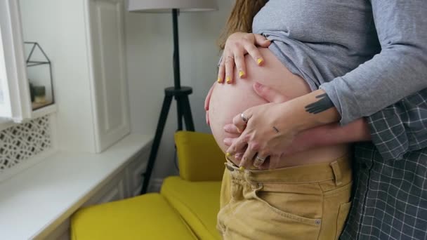 Couple enceinte aimant inconnu debout devant la fenêtre et caressant doucement leur enfant dans le ventre — Video