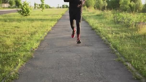 Maraton mesafesi öncesi yeşil çayır yakınlarında siyah giysili ve kafa bantlı genç, dengeli bir sporcu. — Stok video