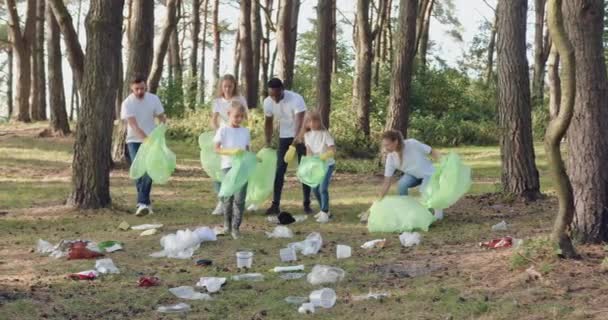 公園や森の中のプラスチックパックにゴミを集める白いTシャツの自然主義者のアクティブな魅力的なチームの閉鎖は、美しさと清潔さで自然をケアする — ストック動画