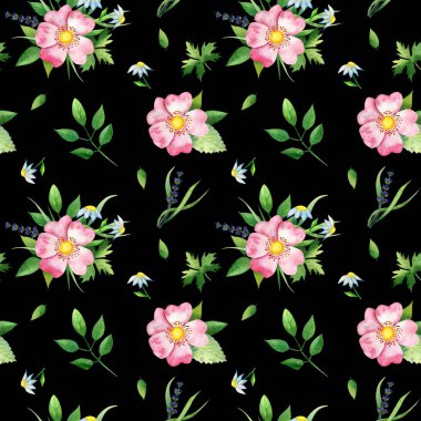 Köpek-rose, yeşil yaşıyor ve papatya ile Seamless modeli