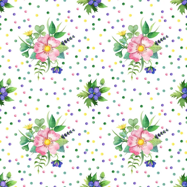 Seamless pattern with dog-rose, green lives  and confetti — Stock Photo, Image