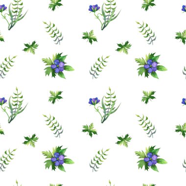 Değişik yaprakları ve mavi çiçekler ile basit seamless modeli