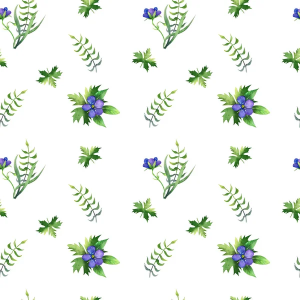 Padrão sem costura simples com folhas diferentes e flores azuis — Fotografia de Stock