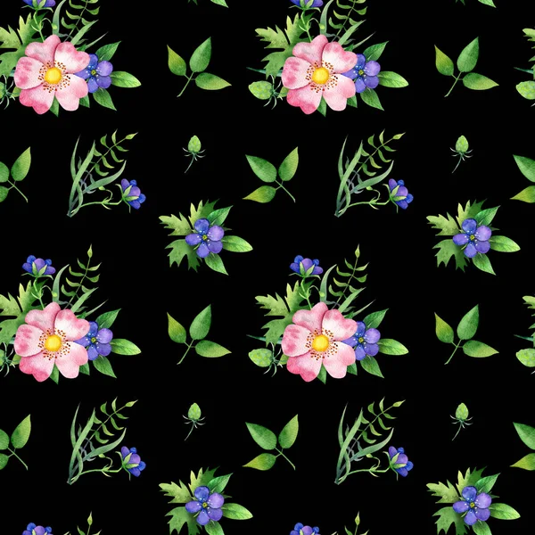 Seamless pattern with dog-rose, green lives  and blue flower — Stock Photo, Image