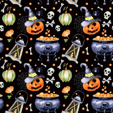 Cadılar Bayramı tatil özniteliklerinin suluboya resimlerle için seamless modeli