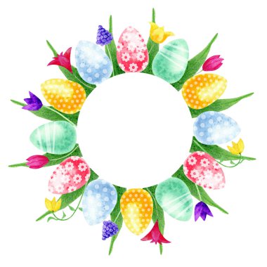 Mutlu Paskalya illüstrasyon. Çelenk. Yumurta çiçeklerle
