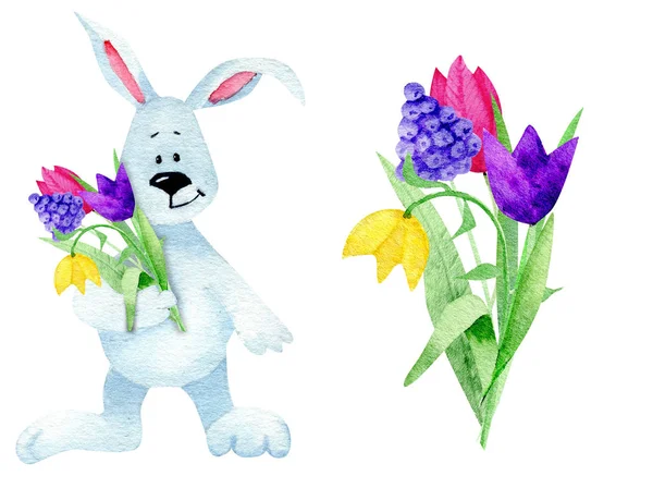 Illustrazione ad acquerello Coniglio con fiori per Pasqua sullo sfondo bianco. Acquerello — Foto Stock