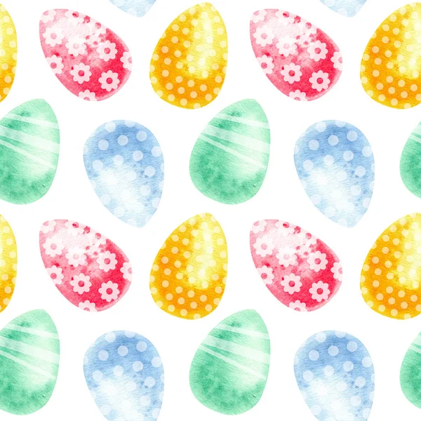 Schema senza soluzione di continuità. Uova colorate per Pasqua sullo sfondo bianco. Acquerello — Foto Stock