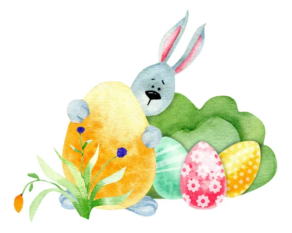 Illustrazione ad acquerello Coniglio con uova per Pasqua sullo sfondo bianco. Acquerello — Foto Stock