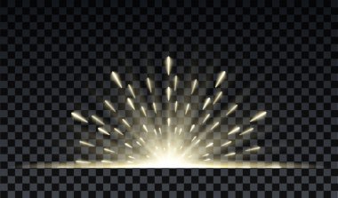 Parıltılı ışınlar ve ışık efektiyle altın patlama. Parlayan yıldızlar. Altın parıldayan ışıklar ve sihirli toz parçacıkları patlaması. Vektör illüstrasyonu