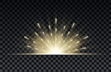 Parıltılı ışınlar ve ışık efektiyle altın patlama. Parlayan yıldızlar. Altın parıldayan ışıklar, sihirli toz parçacıkları ve kıvılcımlar. Vektör illüstrasyonu