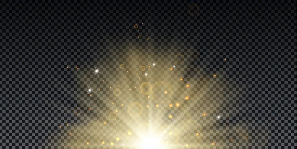 Explosión Dorada Con Rayos Brillo Efecto Destello Lente Estrellas Brillantes — Vector de stock