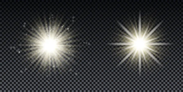 Explosión Dorada Con Rayos Brillo Efecto Destello Lente Estrellas Brillantes — Vector de stock