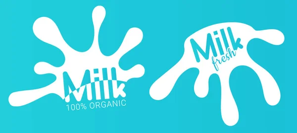 Milchabzeichen Und Molkereietiketten Mit Spritzern Und Bolzen Milchplakette Mit Tropfen — Stockvektor