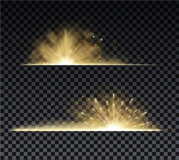 Golden burst mit funkelnden Strahlen und Linseneffekt. Glühende Sterne. Goldglitzernde Bokeh-Lichter und das Platzen magischer Staubpartikel. Vektorillustration. — Stockvektor