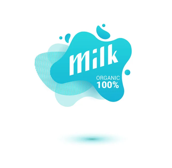 Milk badge and dairy labels with splashes and bolts. Milk badge with drop and splash for labels of package. Liquid amoeba shapes. — Stock Vector