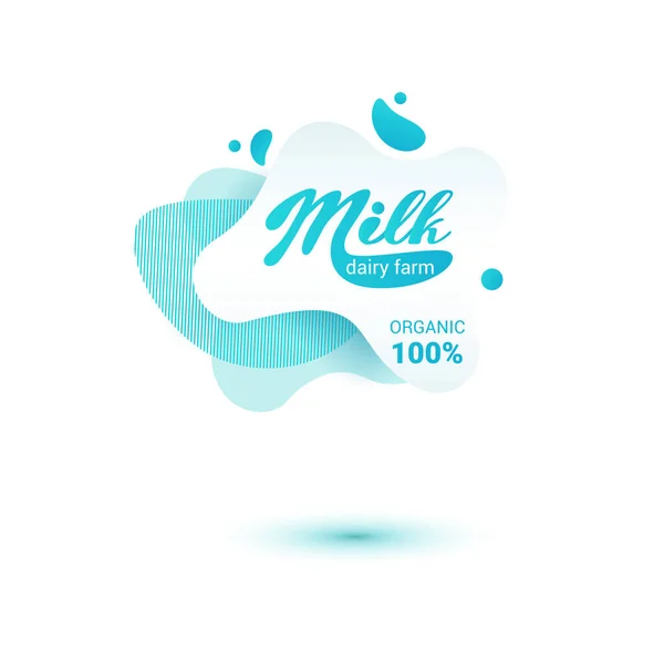 Badge de lait et étiquettes de produits laitiers avec éclaboussures et boulons. Badge de lait avec goutte et éclaboussure pour étiquettes d'emballage. Formes amibes liquides. — Image vectorielle