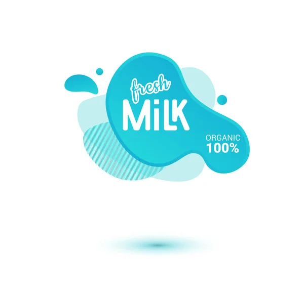 Insignia de leche y etiquetas de productos lácteos con salpicaduras y pernos. Insignia de leche con gota y salpicadura para etiquetas de paquete. formas de ameba líquida . — Archivo Imágenes Vectoriales