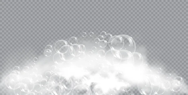 Sabun mandi dengan gelembung mengisolasi ilustrasi vektor pada latar belakang transparan. Ilustrasi vektor busa sabun dan sampo. - Stok Vektor