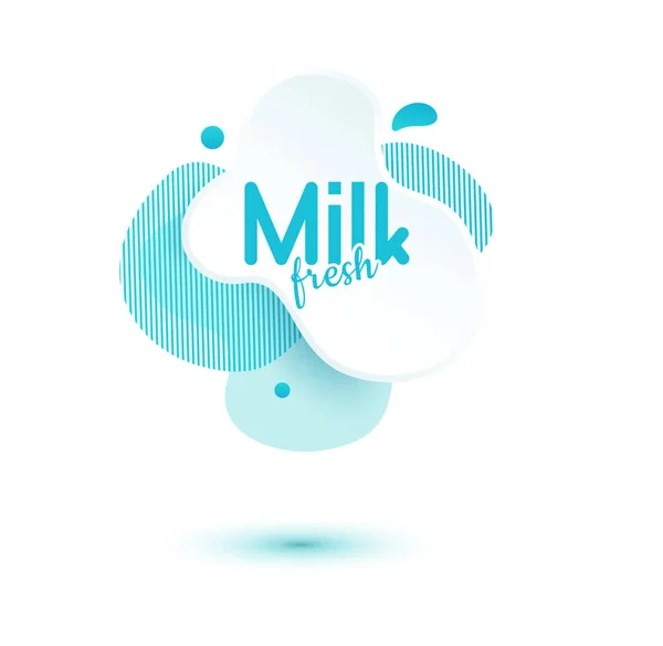 Badge latte ed etichette da latte con spruzzi e bulloni. Badge al latte con gocce e spruzzi per etichette di confezione. Forme di ameba liquide. — Vettoriale Stock