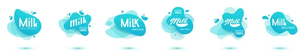 Milk badge and dairy labels with splashes and bolts. Milk badge with drop and splash for labels of package. Liquid amoeba shapes.