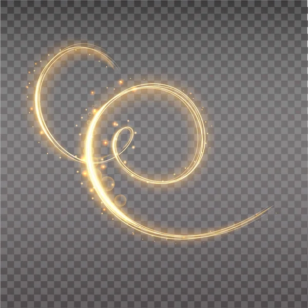 Golden glowing spiral trail. Abstract light speed trail. Shiny wavy spiral, florish. Light painting. — Stock Vector