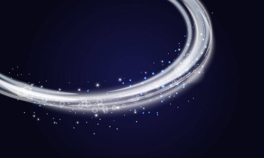 Kar tozu. Beyaz kar ve ışık yolu rüzgarı, yılbaşı için tasarım elementleri, karanlık arka planda yeni yıl tatili. Beyaz dalgalı izler ve toz. Vektör illüstrasyonu.